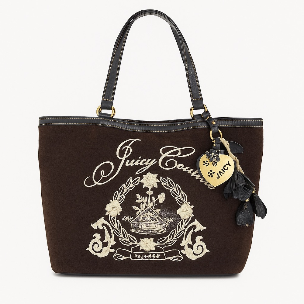 Juicy Couture Brown Velour Tote – Crest Embroidery, Heart “JUICY” Charm, Y2K